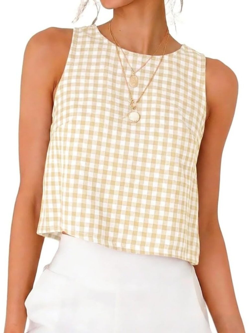 Women's Beige 100% Cotton Crew Neck Spring Summer Sleeveless Gingham Tank Tops
